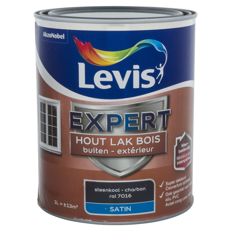 Laque Expert pour bois extérieur Charbon satinée 1 L LEVIS