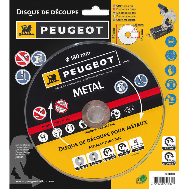 Disque à tronçonner diamant pour métaux Ø 180 mm PEUGEOT