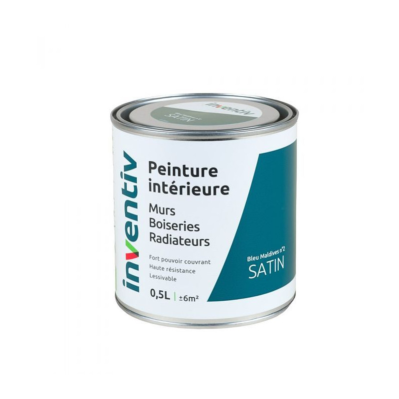 Peinture pour mur boiserie radiateur Bleu Maldives n°2 satiné 0,5 L INVENTIV