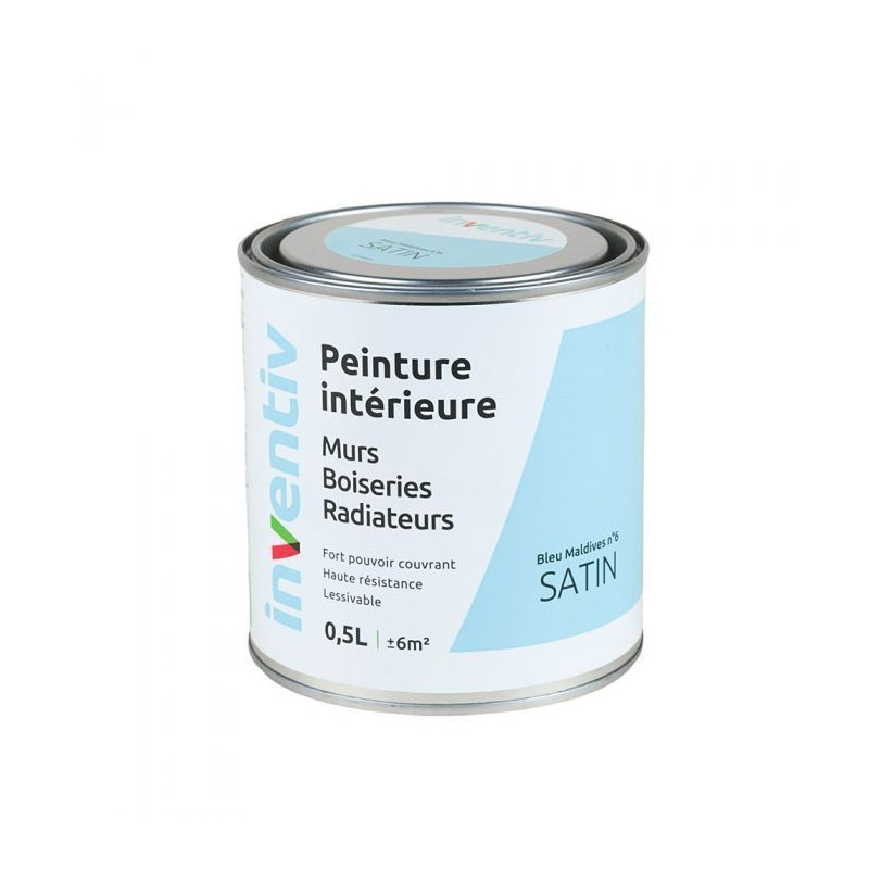 Peinture pour mur boiserie radiateur Bleu Maldives n°6 satiné 0,5 L INVENTIV