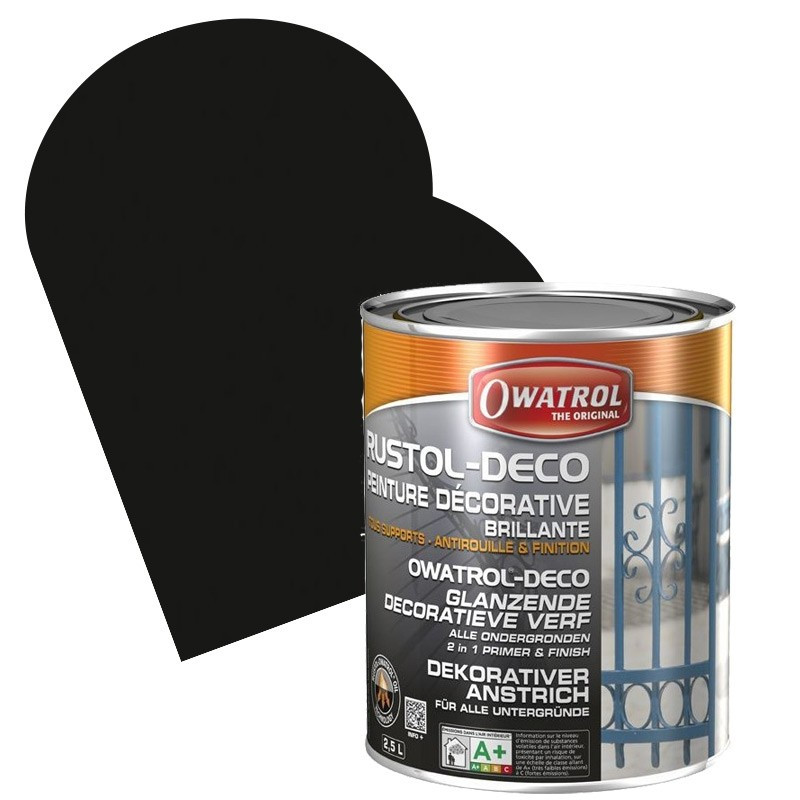 Peinture antirouille Rustol Déco noire brillante 2,5 L OWATROL