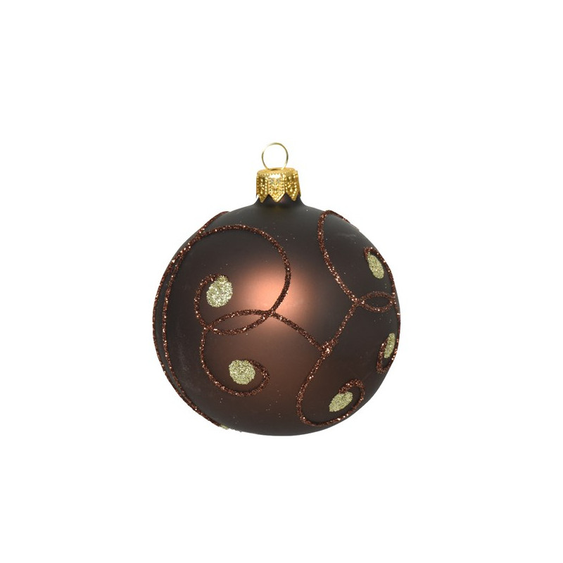 Boule de Noël mate à courbes brunes pailletées Ø 8 cm