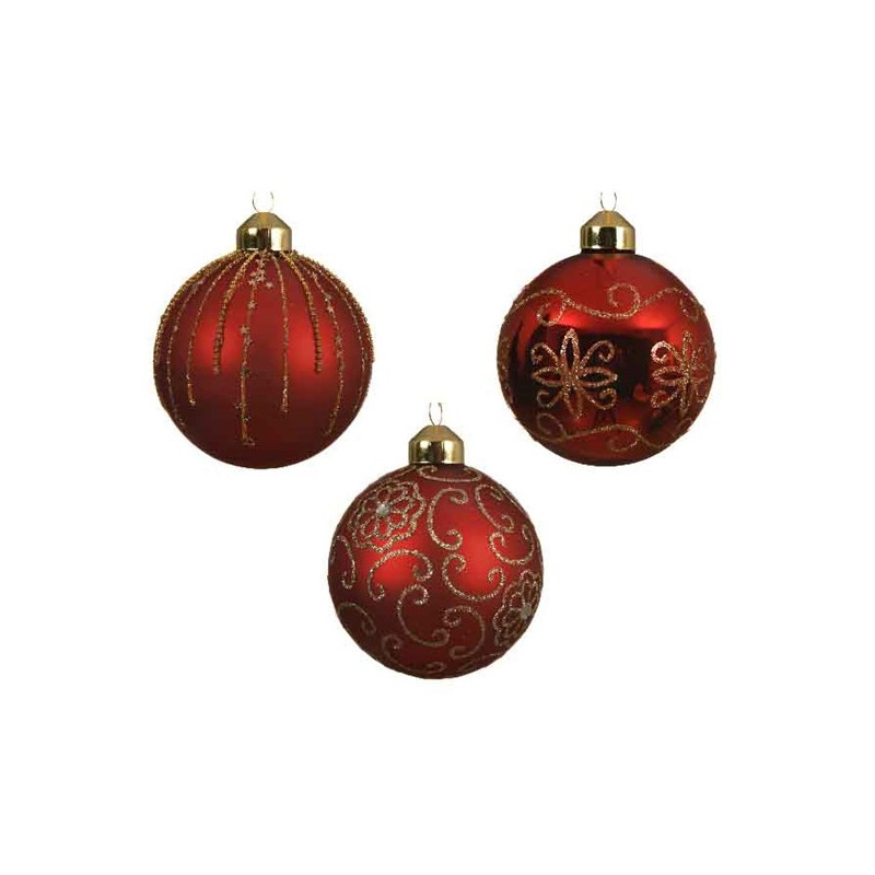 Boule de Noël rouge avec motifs dorés Ø 8 cm