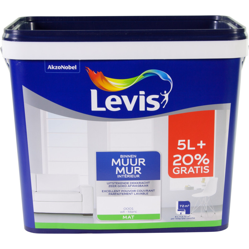 Peinture Mur Intérieur blanche mate 5 L + 1 L LEVIS