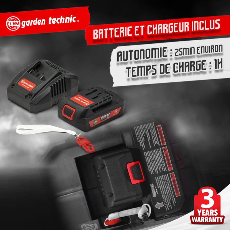 Tondeuse sur batterie TDE20V33-LIF 20 V 2 Ah ELEM GARDEN TECHNIC Tondeuse sur batterie TDE20V33-LIF 20 V 2 Ah ELEM GARDEN TECHNIC