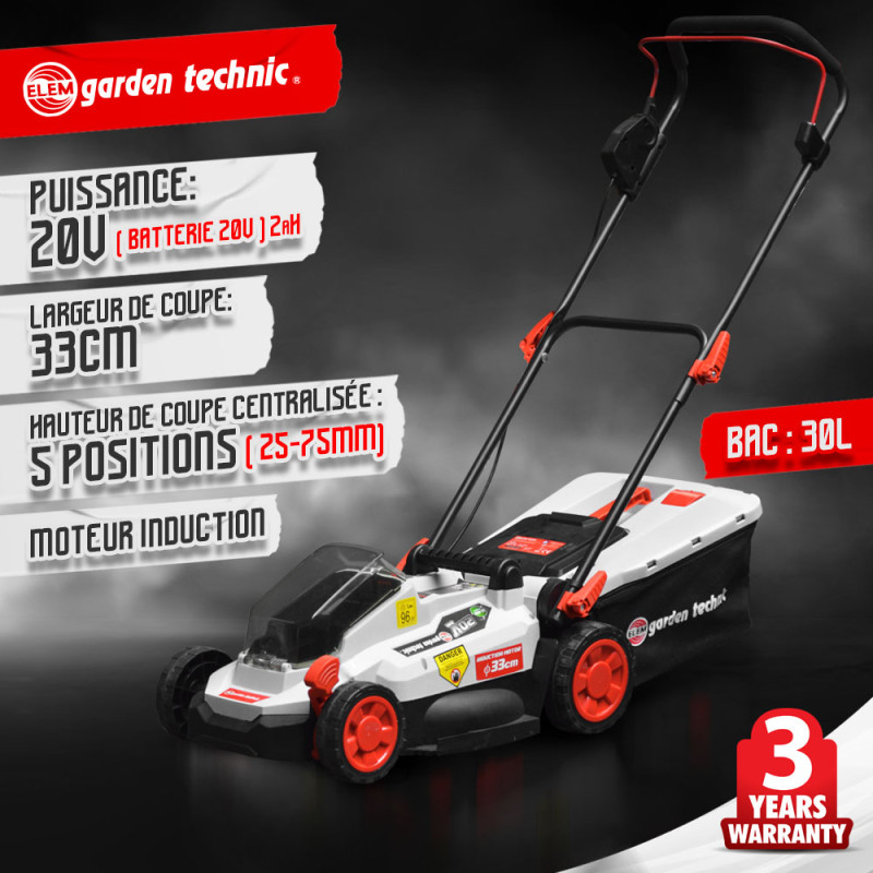 Tondeuse sur batterie TDE20V33-LIF 20 V 2 Ah ELEM GARDEN TECHNIC Tondeuse sur batterie TDE20V33-LIF 20 V 2 Ah ELEM GARDEN TECHNIC