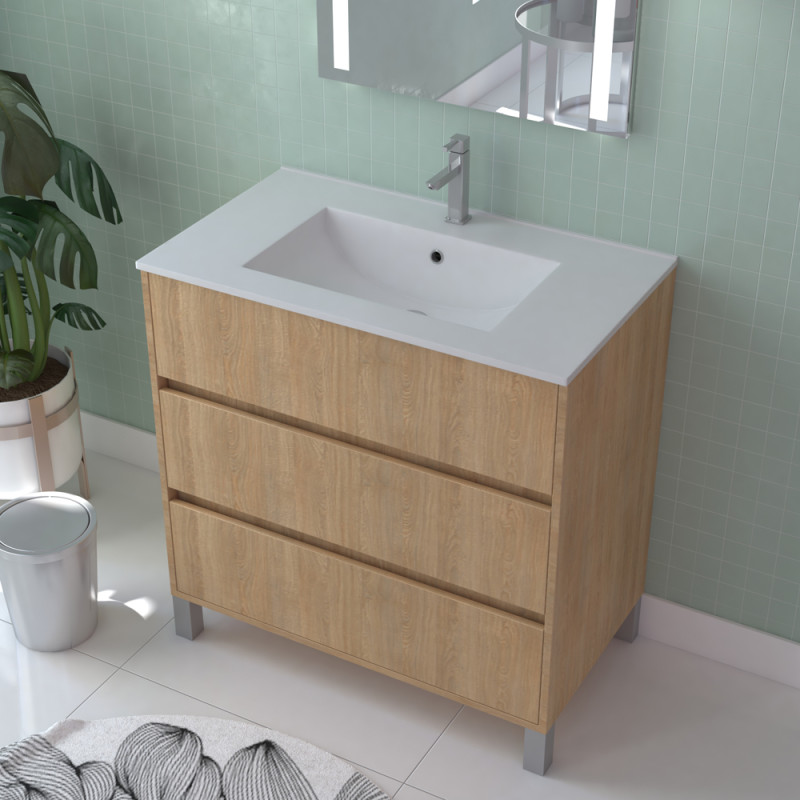 Meuble sous-plan Atos 80cm Chêne Clair 3 Tiroirs | AURLANE