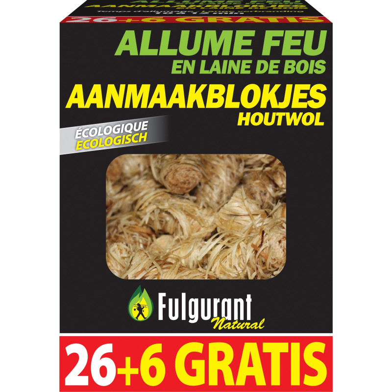 Allume-feu allumettes + laine de bois 100% végétal, Flam Up (x 32