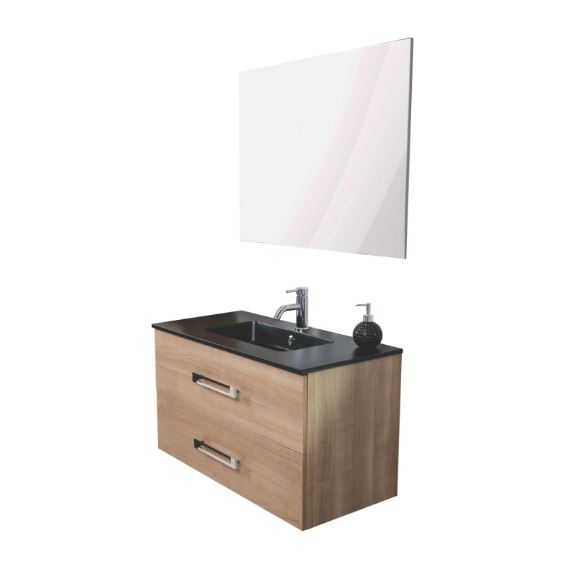 Ensemble de salle de bain avec vasque et miroir Lenca cerisier miel et noir 90 cm ONDÉE