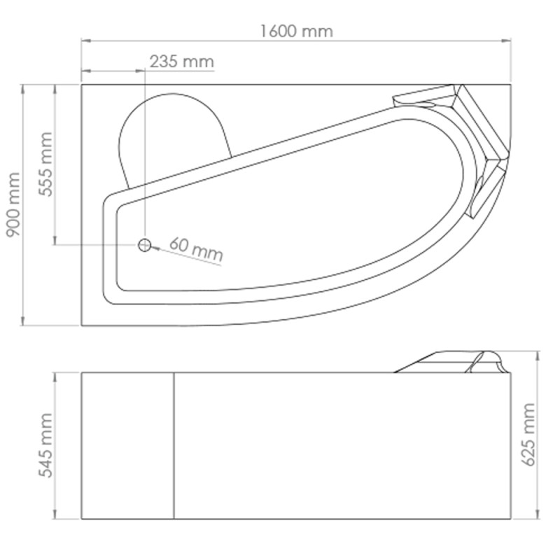 Baignoire asymétrique Fany droite 160 x 90 cm ONDÉE