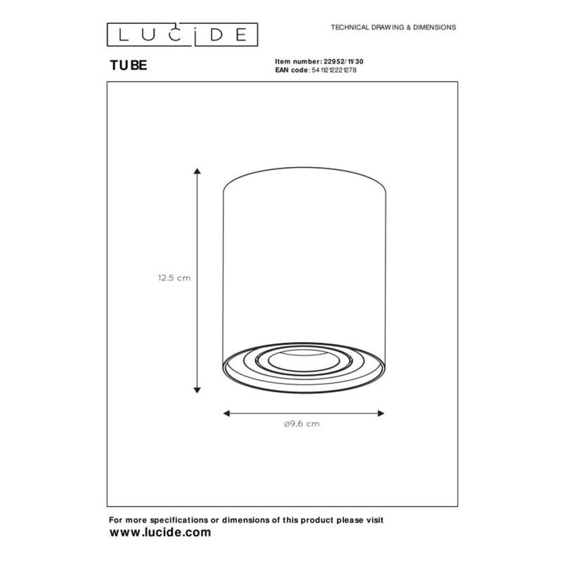 Spot Tube noir rond GU10 50 W LUCIDE Spot Tube noir rond GU10 50 W LUCIDE