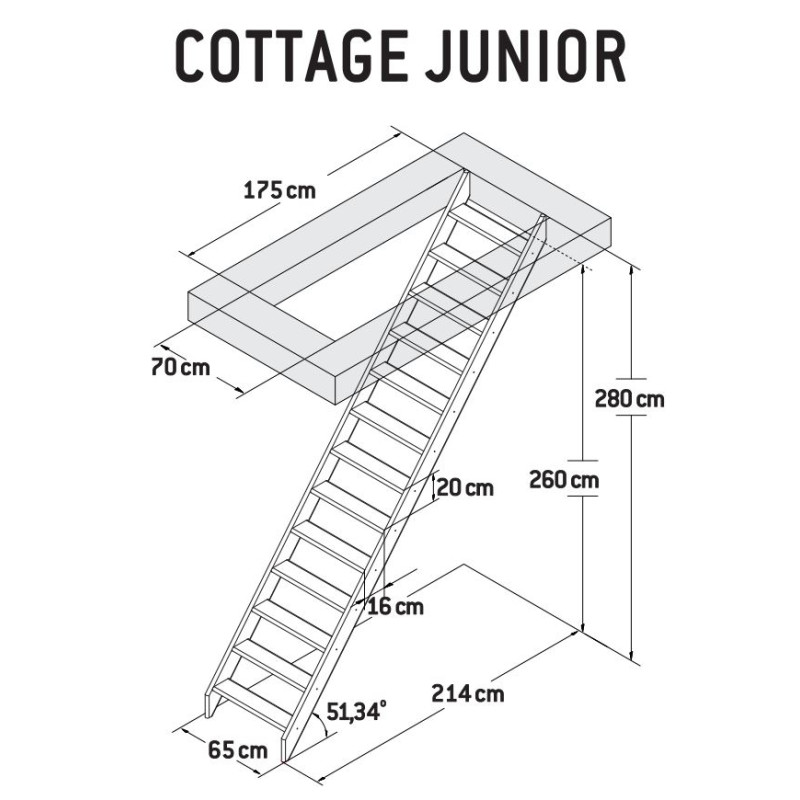 Escalier de meunier avec rampe en bois Cottage Junior 280 x 65 cm SOGEM