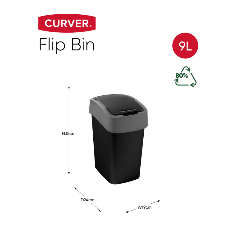 Poubelle Flip Bin noir et gris clair 9 L CURVER