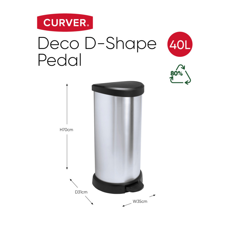 Poubelle à pédale Decobin argent métallique et noir 40 L CURVER