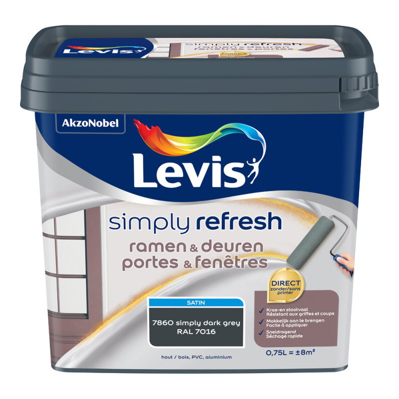 Peinture portes et fenêtres Simply Refresh gris foncé satin 0,75 L LEVIS