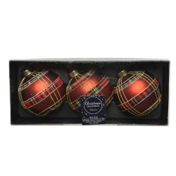 Boule de Noël Verre Tartan Bordeaux Ø 8cm – Lot de 3 | DECORIS

