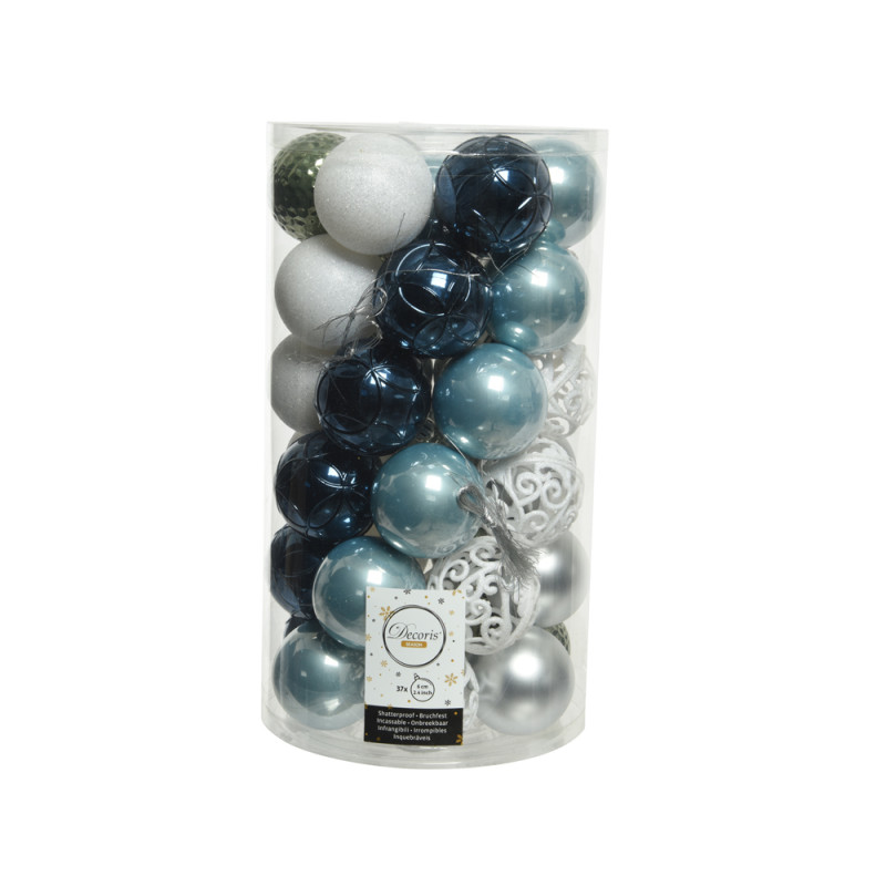 Boules de Noël incassables bleues et blanches – 37 pièces | DECORIS