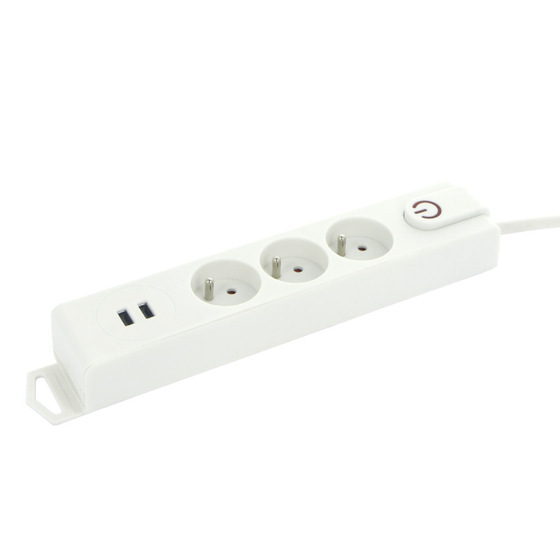 Multiprise 3 prises 2 USB avec interrupteur blanc 1,5 m PROFILE