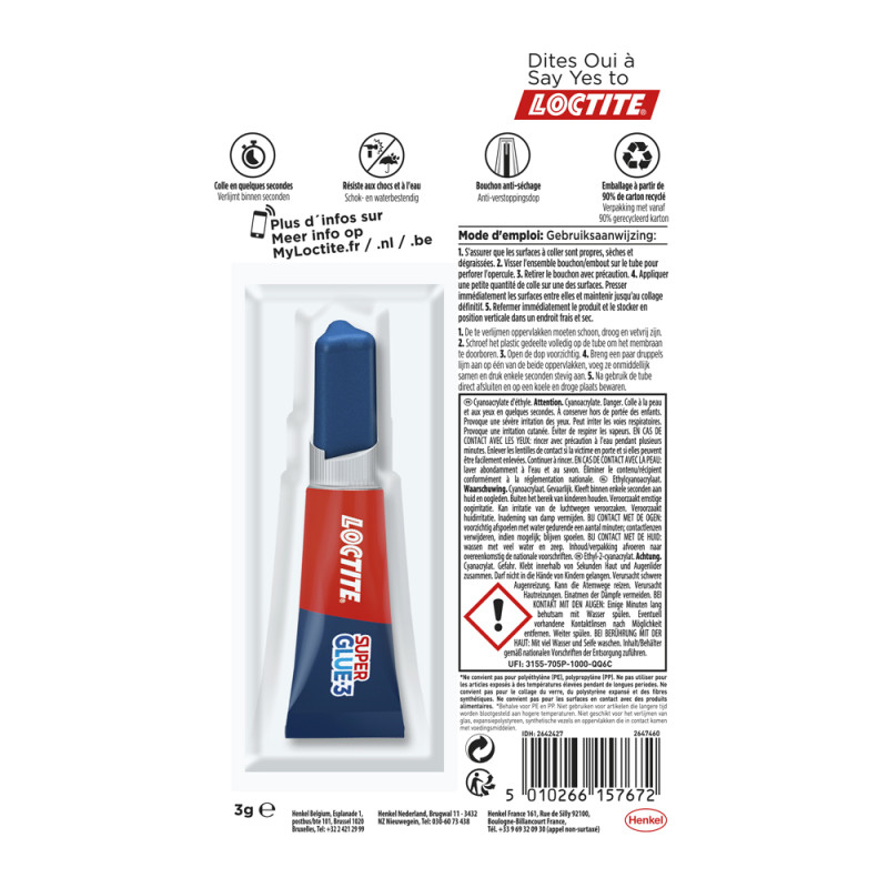 Colle Super Glue-3 Original 3 g LOCTITE – adhérence forte | LOCTITE Colle Super Glue-3 Original 3 g LOCTITE – adhérence forte | LOCTITE
