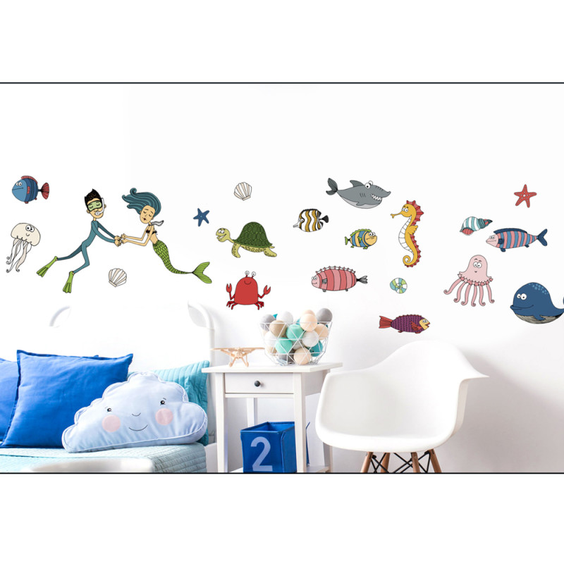Planche de stickers Sirène et plongeur 24 x 68 cm Planche de stickers Sirène et plongeur 24 x 68 cm