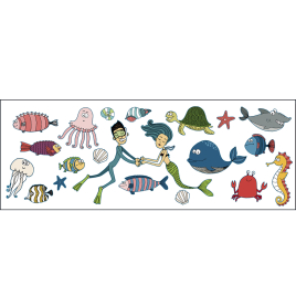 Planche de stickers Sirène et plongeur 24 x 68 cm