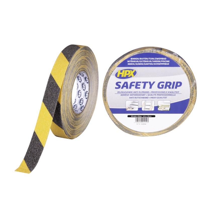 Ruban adhésif Safety Grip noir et jaune 25 mm x 18 m HPX
