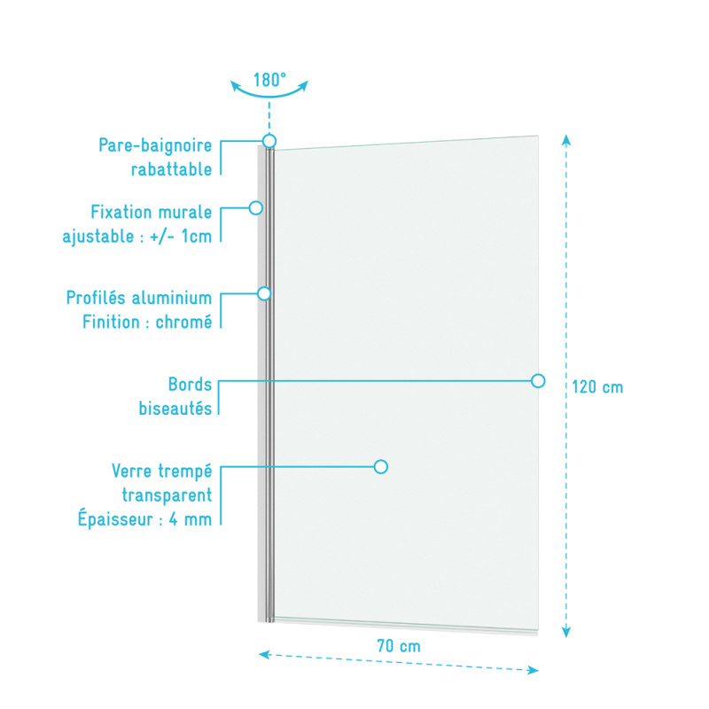Paroi de baignoire Essentiel chrome 120 x 70 cm AURLANE