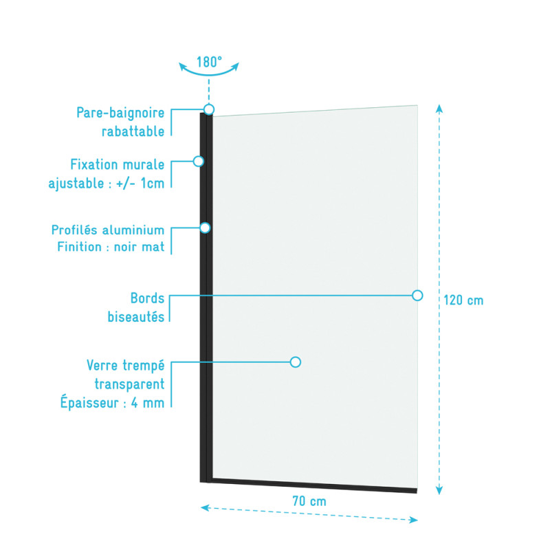Paroi de baignoire Essentiel noire 120 x 70 cm AURLANE