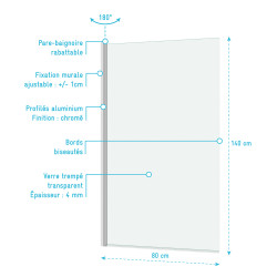 Paroi de baignoire Essentiel chrome 140 x 80 cm AURLANE