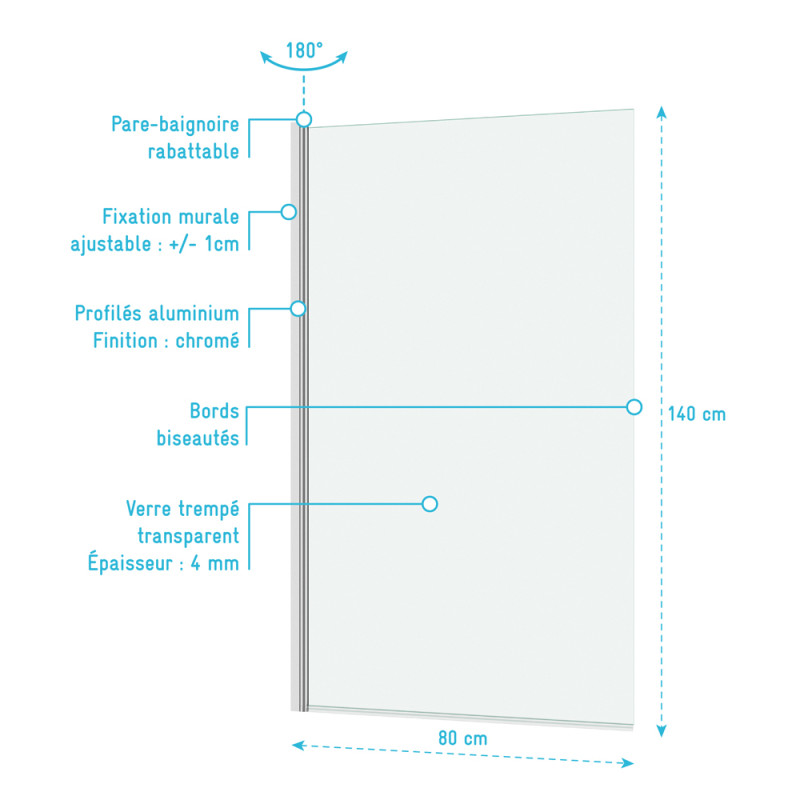 Paroi de baignoire Essentiel chrome 140 x 80 cm AURLANE