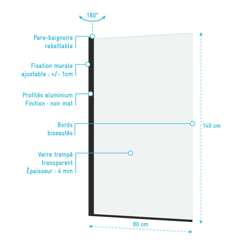 Paroi de baignoire Essentiel noire 140 x 80 cm AURLANE