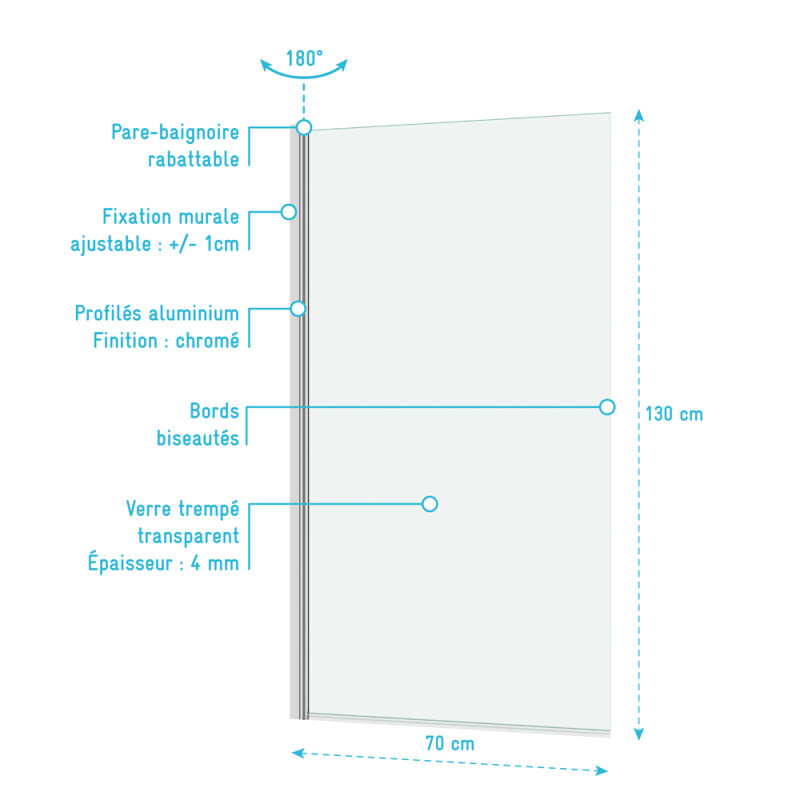 Paroi de baignoire Essentiel chrome 130 x 70 cm AURLANE