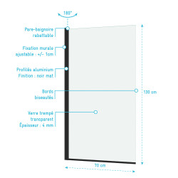 Paroi de baignoire Essentiel noire 130 x 70 cm AURLANE