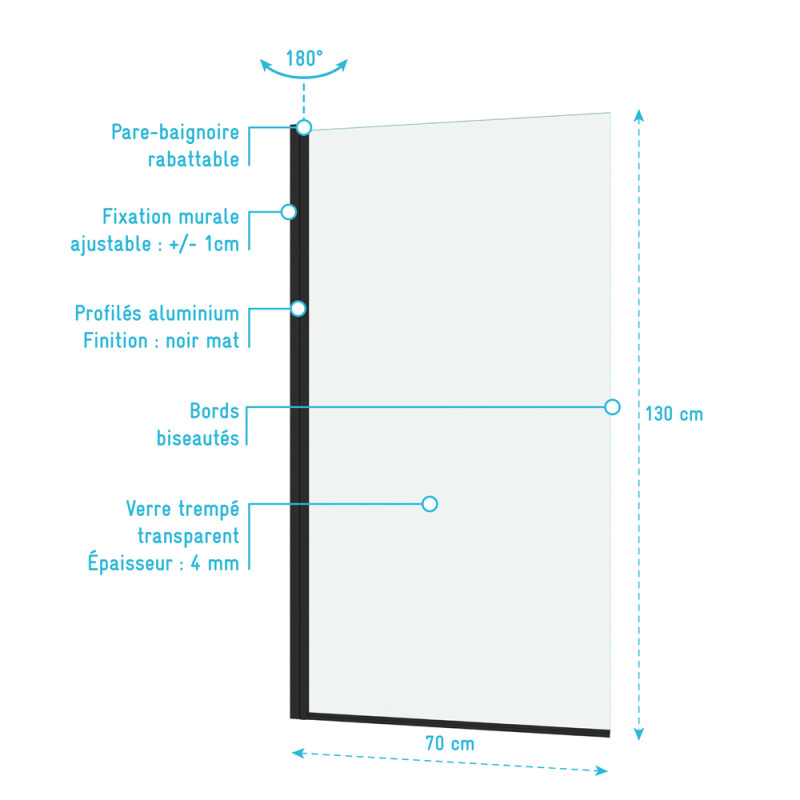 Paroi de baignoire Essentiel noire 130 x 70 cm AURLANE