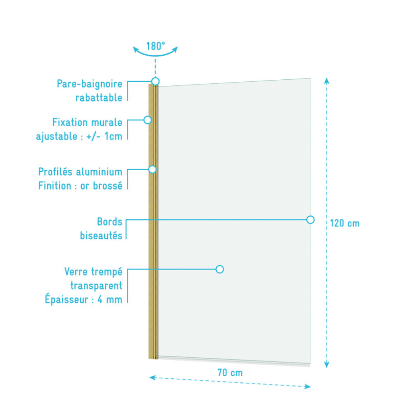 Paroi de baignoire Essentiel or 120 x 70 cm AURLANE