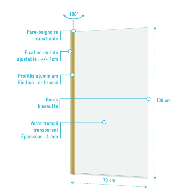 Paroi de baignoire Essentiel or 130 x 70 cm AURLANE
