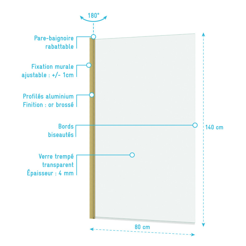 Paroi de baignoire Essentiel or 140 x 80 cm AURLANE