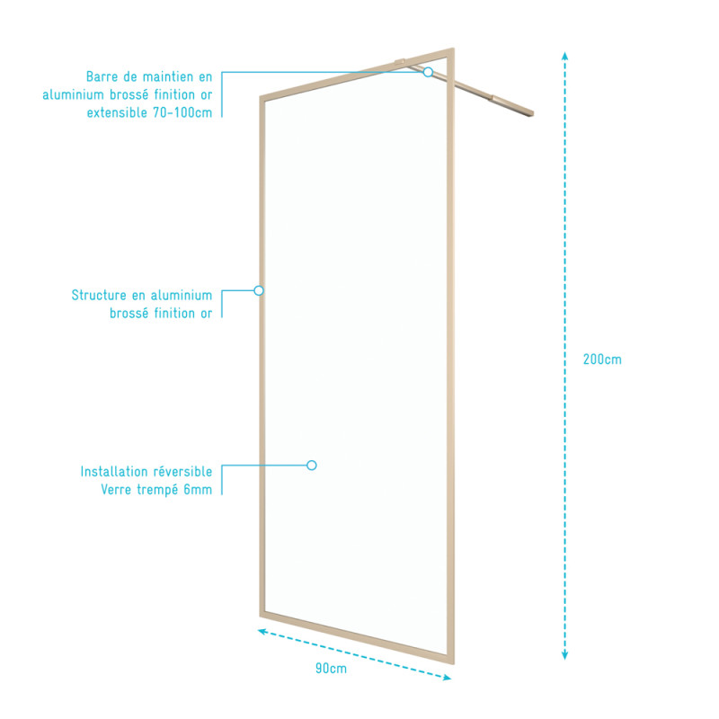Paroi de douche Golden Edge 90 x 200 cm AURLANE Paroi de douche Golden Edge 90 x 200 cm AURLANE