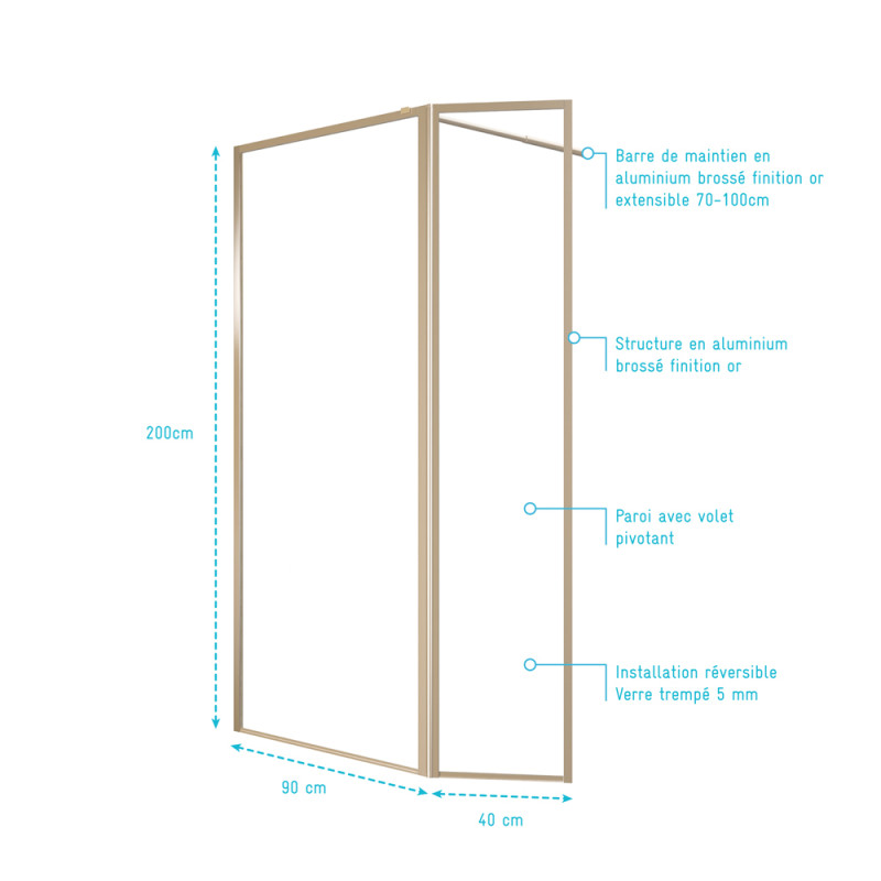Paroi de douche avec volet Golden Edge 90 + 40 x 200 cm AURLANE Paroi de douche avec volet Golden Edge 90 + 40 x 200 cm AURLANE
