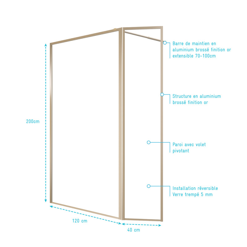 Paroi de douche avec volet Golden Edge 120 + 40 x 200 cm AURLANE Paroi de douche avec volet Golden Edge 120 + 40 x 200 cm AURLANE