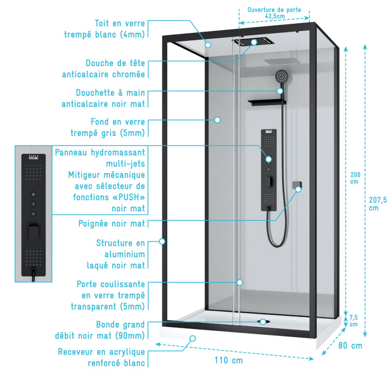Cabine de douche Trendy rectangulaire avec receveur bas 80 x 110 x 215 cm AURLANE