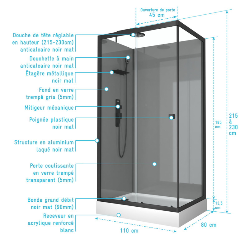 Cabine de douche Grey Touch rectangulaire 80 x 110 x 215 cm AURLANE