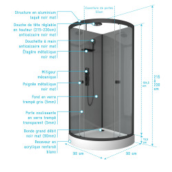 Cabine de douche Grey Touch 1/4 de rond 90 x 90 x 215 cm AURLANE