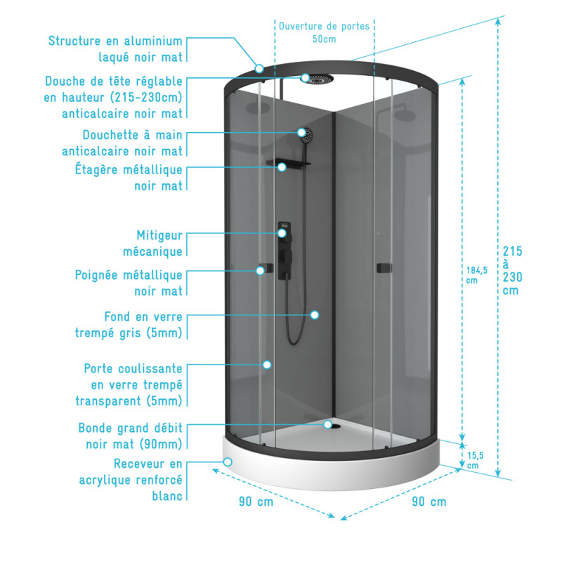 Cabine de douche Grey Touch 1/4 de rond 90 x 90 x 215 cm AURLANE