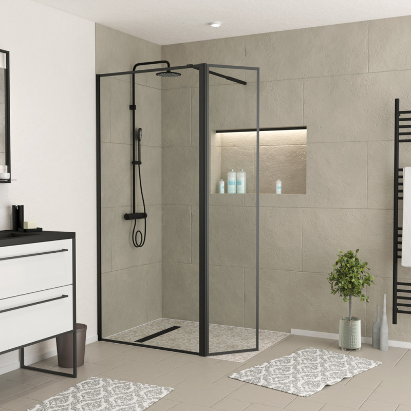 Paroi de douche avec volet Dark Edge noire 90 + 40 x 200 cm AURLANE