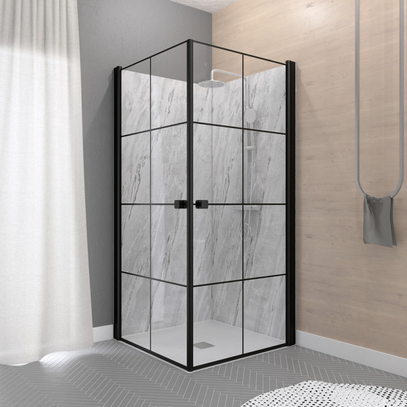 Porte de douche d'angle pivotante Clean Line noire 80 x 80 x 190 cm AURLANE