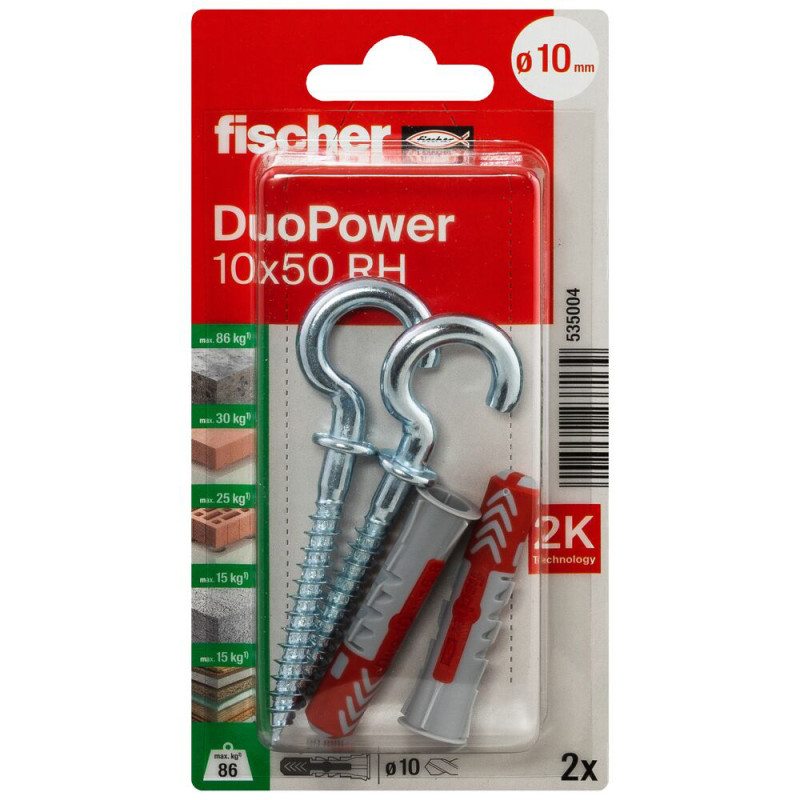 Cheville DuoPower RH en nylon avec collerette Ø 10 x 50 mm avec crochet rond 2 pièces