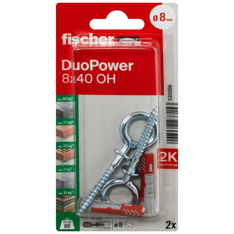 Cheville DuoPower OH en nylon avec collerette Ø 8 x 40 mm avec piton 2 pièces Cheville DuoPower OH en nylon avec collerette Ø 8 x 40 mm avec piton 2 pièces