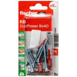 Cheville DuoPower en nylon avec collerette Ø 8 x 40 mm avec vis et cache pour fixation d'étagères 8 pièces