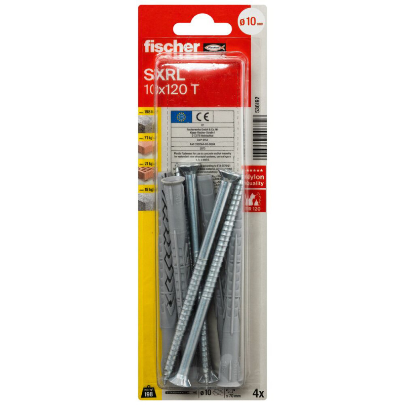 Cheville SXRL-T pour ossatures et cadres Ø 10 x 120 mm avec vis à tête fraisée 4 pièces